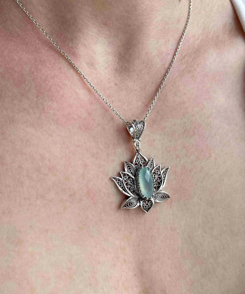 Filigree Art Aqua Chalcedony Gemstone Blossoming Lotus Flower Women Silver Pendant Necklace - Drakoi Marketplace