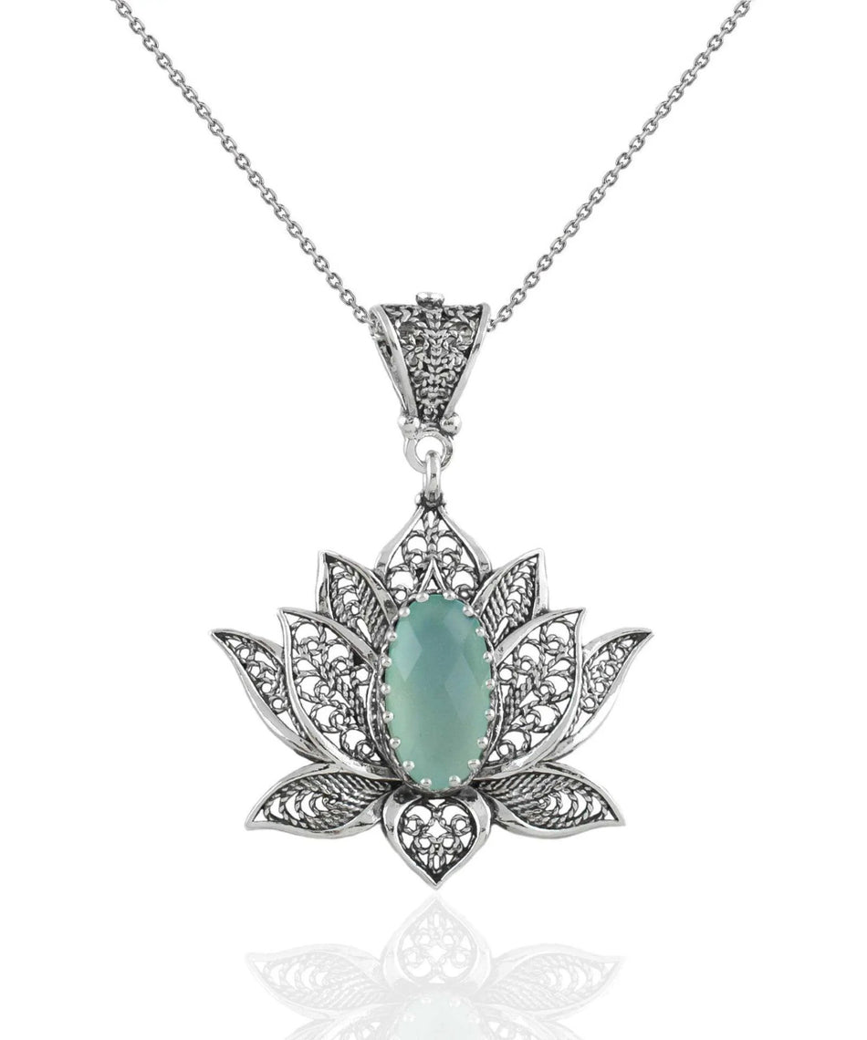 Filigree Art Aqua Chalcedony Gemstone Blossoming Lotus Flower Women Silver Pendant Necklace - Drakoi Marketplace