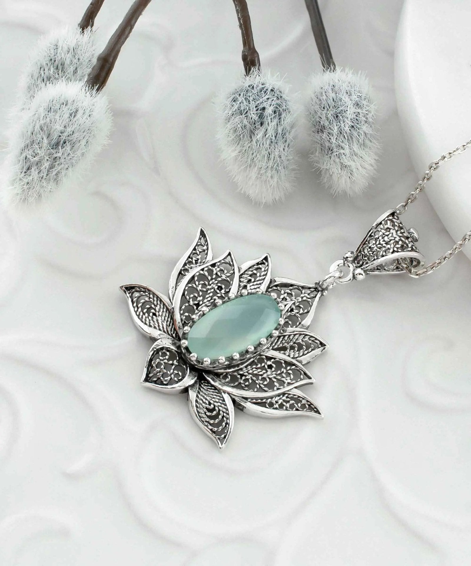 Filigree Art Aqua Chalcedony Gemstone Blossoming Lotus Flower Women Silver Pendant Necklace - Drakoi Marketplace