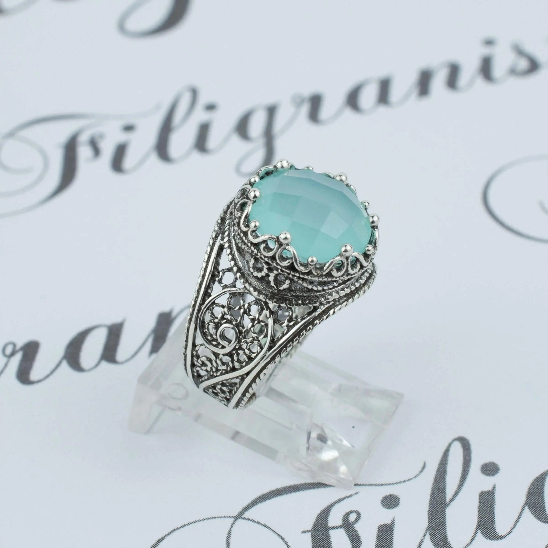 Filigree Art Aqua Chalcedony Gemstone Crown Design Women Silver Statement Ring - Drakoi Marketplace