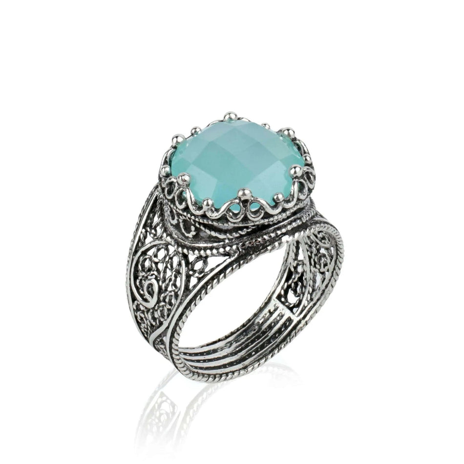 Filigree Art Aqua Chalcedony Gemstone Crown Design Women Silver Statement Ring - Drakoi Marketplace