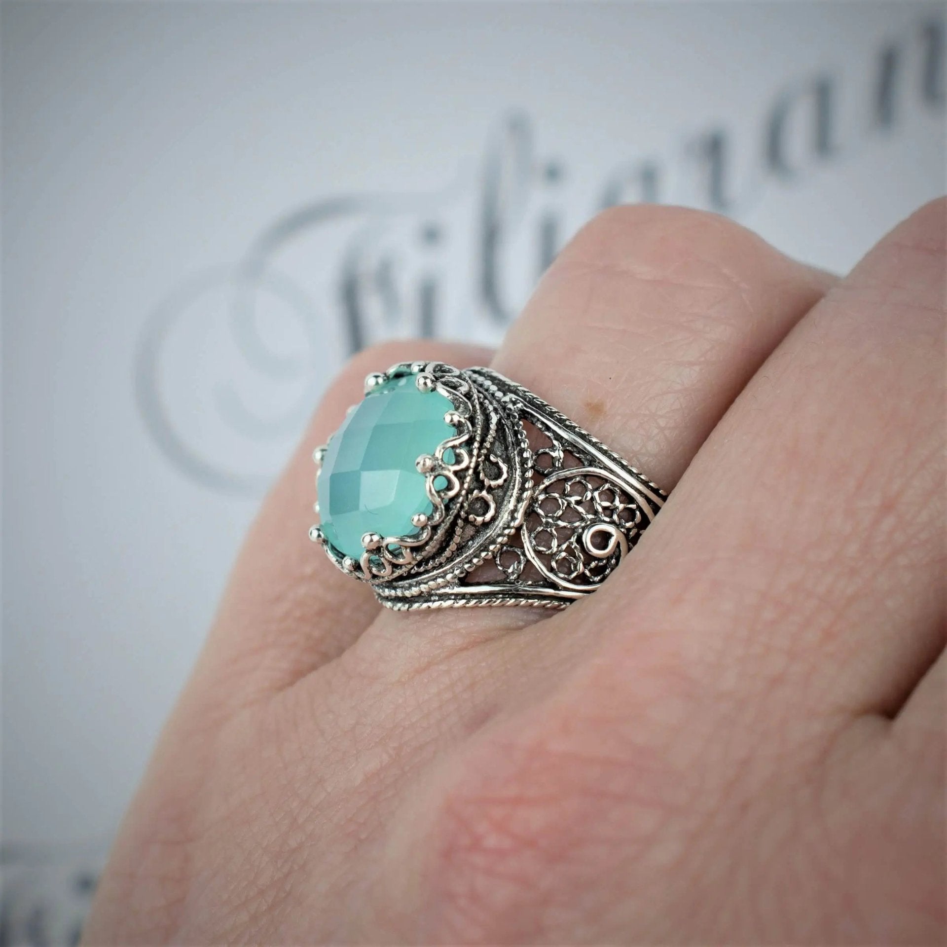 Filigree Art Aqua Chalcedony Gemstone Crown Design Women Silver Statement Ring - Drakoi Marketplace