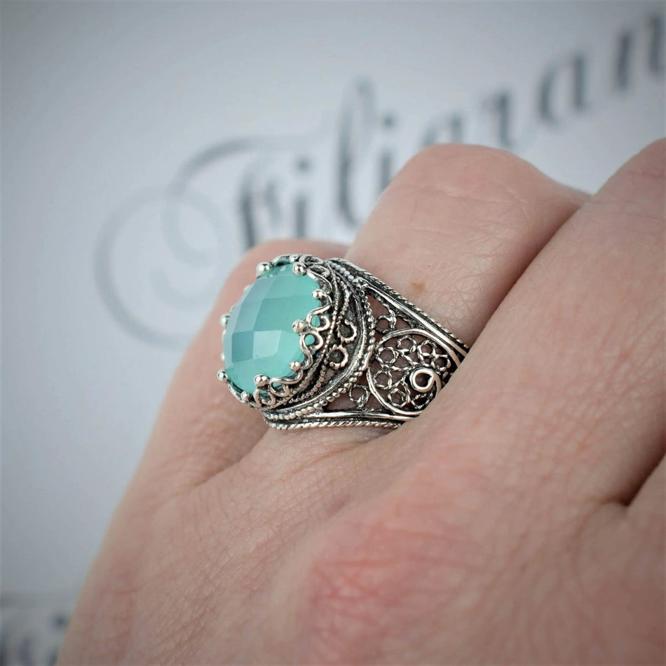 Filigree Art Aqua Chalcedony Gemstone Crown Design Women Silver Statement Ring - Drakoi Marketplace