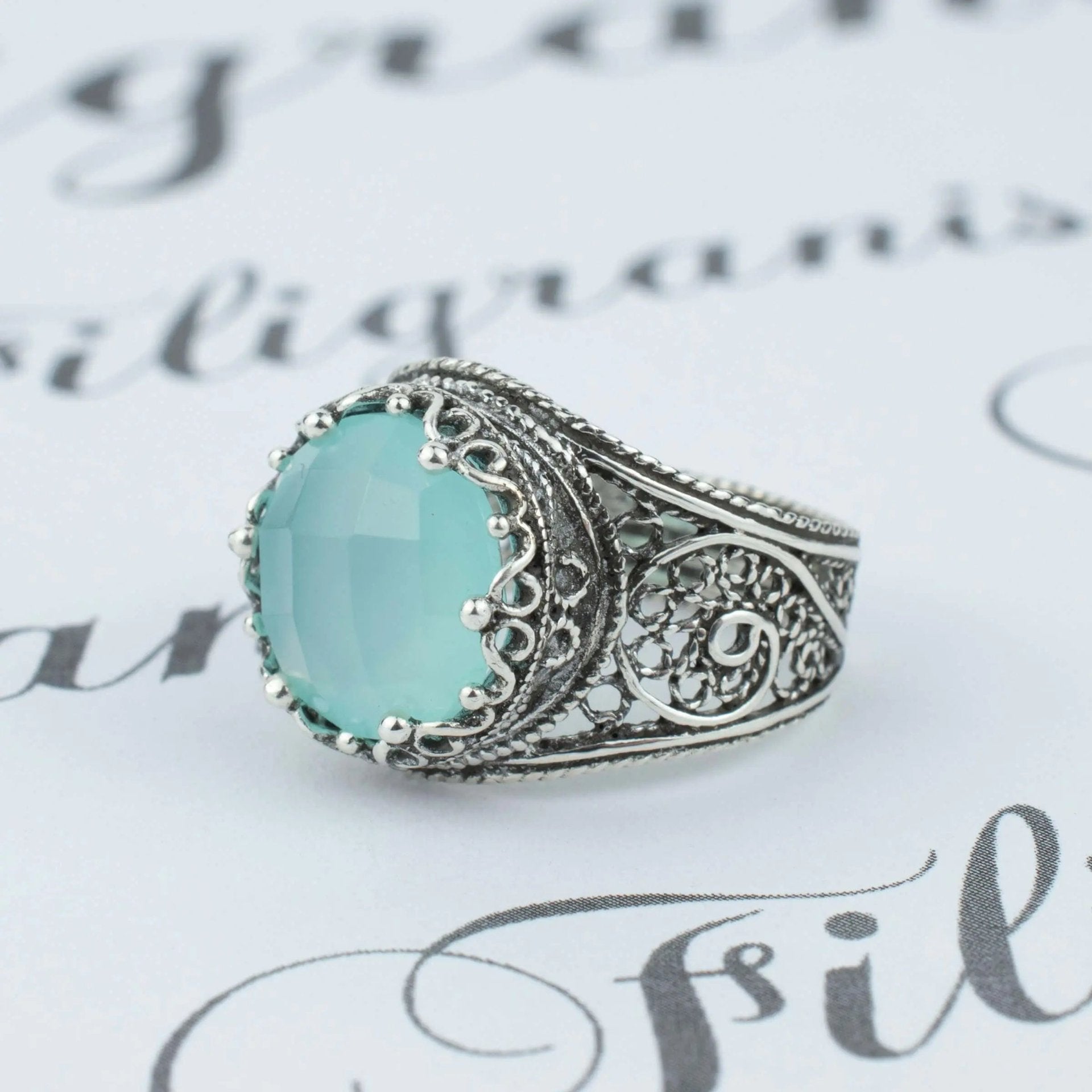 Filigree Art Aqua Chalcedony Gemstone Crown Design Women Silver Statement Ring - Drakoi Marketplace