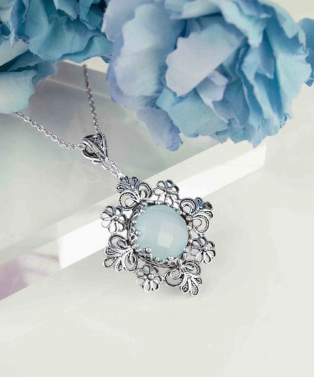 Filigree Art Aqua Chalcedony Gemstone Daisy Design Women Silver Pendant Necklace - Drakoi Marketplace