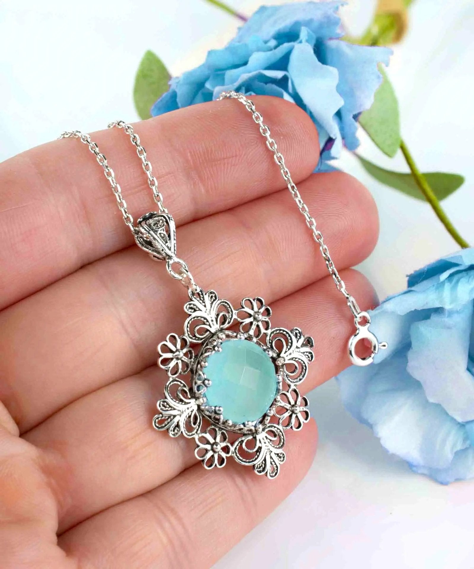 Filigree Art Aqua Chalcedony Gemstone Daisy Design Women Silver Pendant Necklace - Drakoi Marketplace