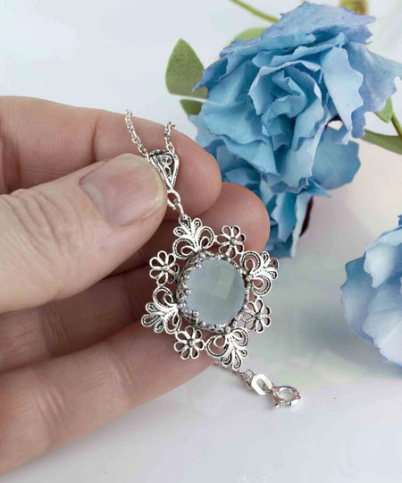 Filigree Art Aqua Chalcedony Gemstone Daisy Design Women Silver Pendant Necklace - Drakoi Marketplace