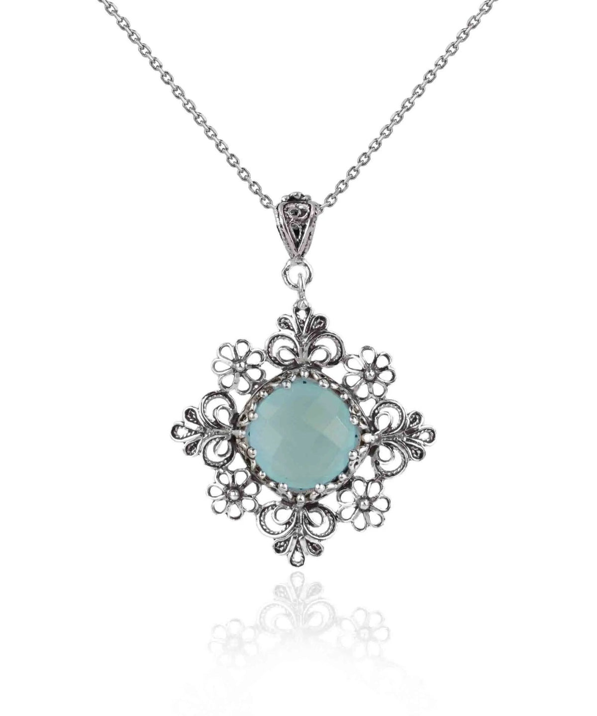 Filigree Art Aqua Chalcedony Gemstone Daisy Design Women Silver Pendant Necklace - Drakoi Marketplace