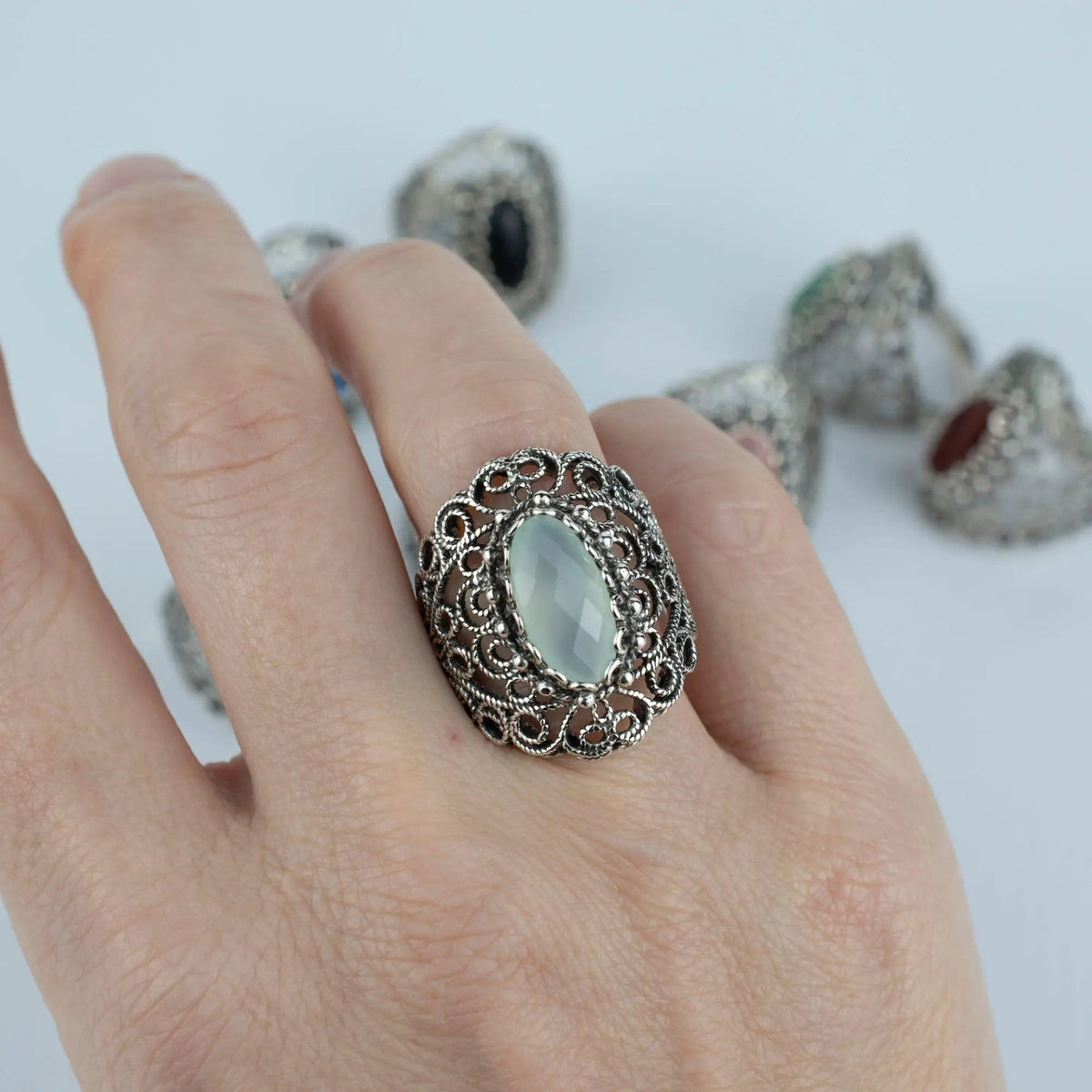 Filigree Art Aqua Chalcedony Gemstone Lace Detailed Women Silver Statement Ring - Drakoi Marketplace