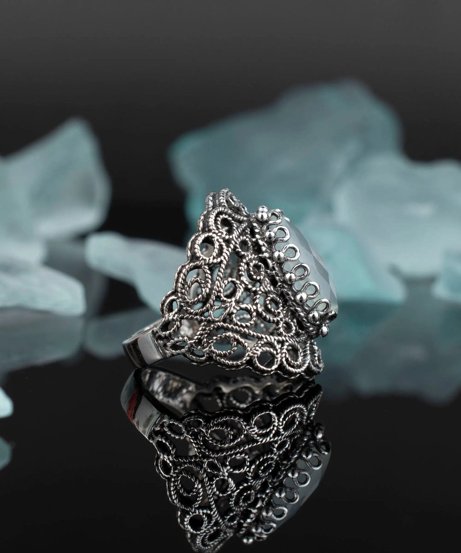 Filigree Art Aqua Chalcedony Gemstone Lace Detailed Women Silver Statement Ring - Drakoi Marketplace