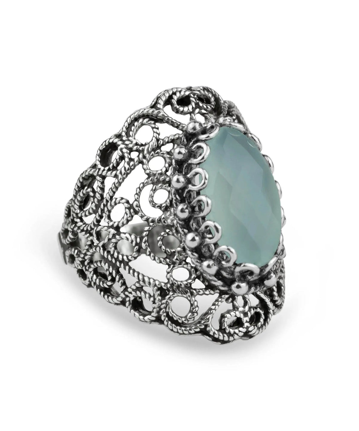 Filigree Art Aqua Chalcedony Gemstone Lace Detailed Women Silver Statement Ring - Drakoi Marketplace