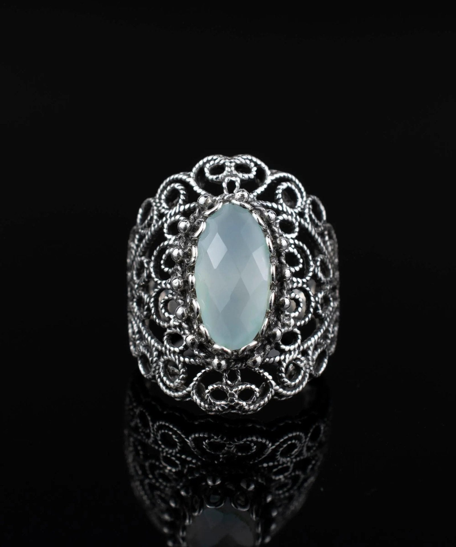 Filigree Art Aqua Chalcedony Gemstone Lace Detailed Women Silver Statement Ring - Drakoi Marketplace