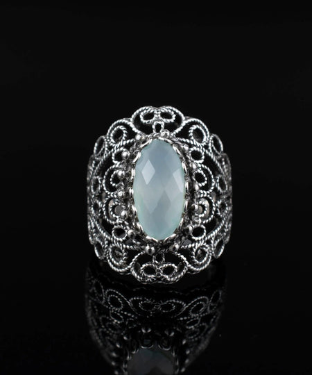 Filigree Art Aqua Chalcedony Gemstone Lace Detailed Women Silver Statement Ring - Drakoi Marketplace