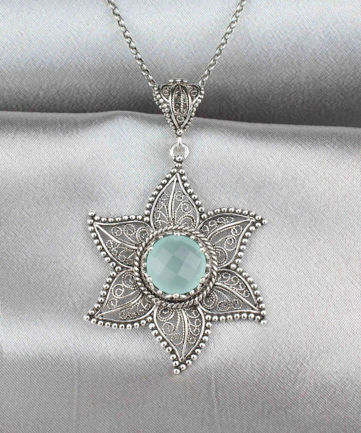 Filigree Art Aqua Chalcedony Gemstone Star Design Women Silver Pendant Necklace - Drakoi Marketplace