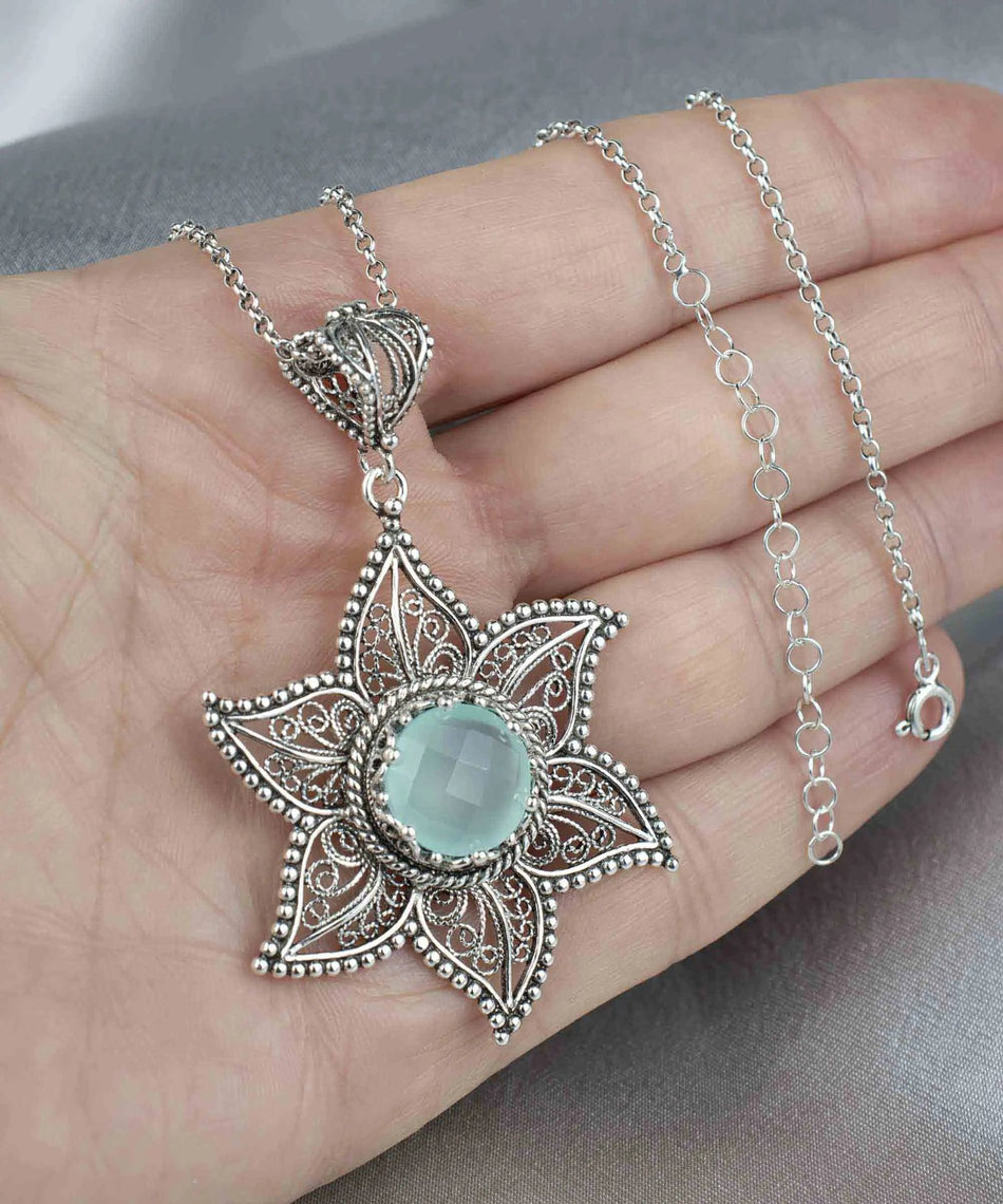 Filigree Art Aqua Chalcedony Gemstone Star Design Women Silver Pendant Necklace - Drakoi Marketplace