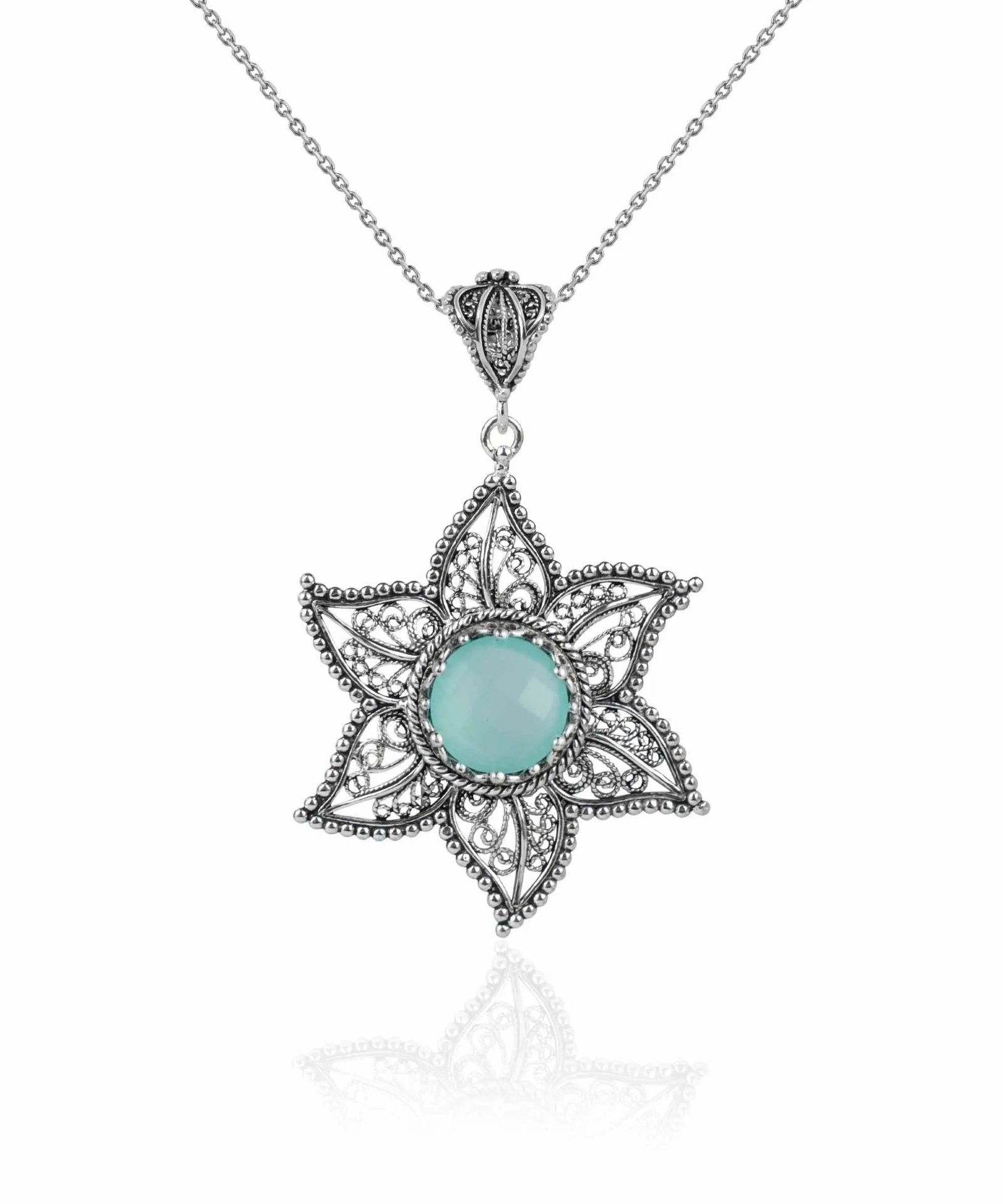 Filigree Art Aqua Chalcedony Gemstone Star Design Women Silver Pendant Necklace - Drakoi Marketplace