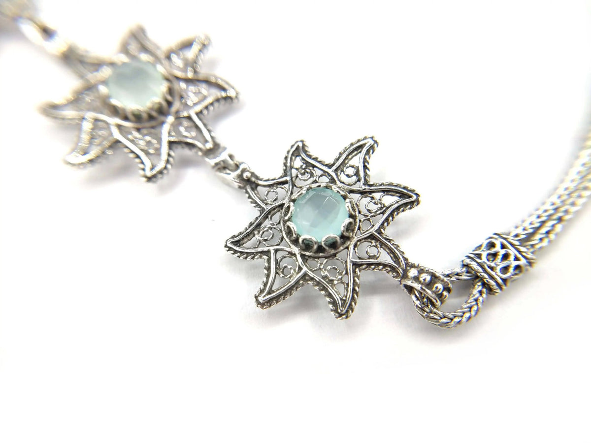 Filigree Art Aqua Chalcedony Gemstone Star Figured Women Silver Link Bracelet - Drakoi Marketplace