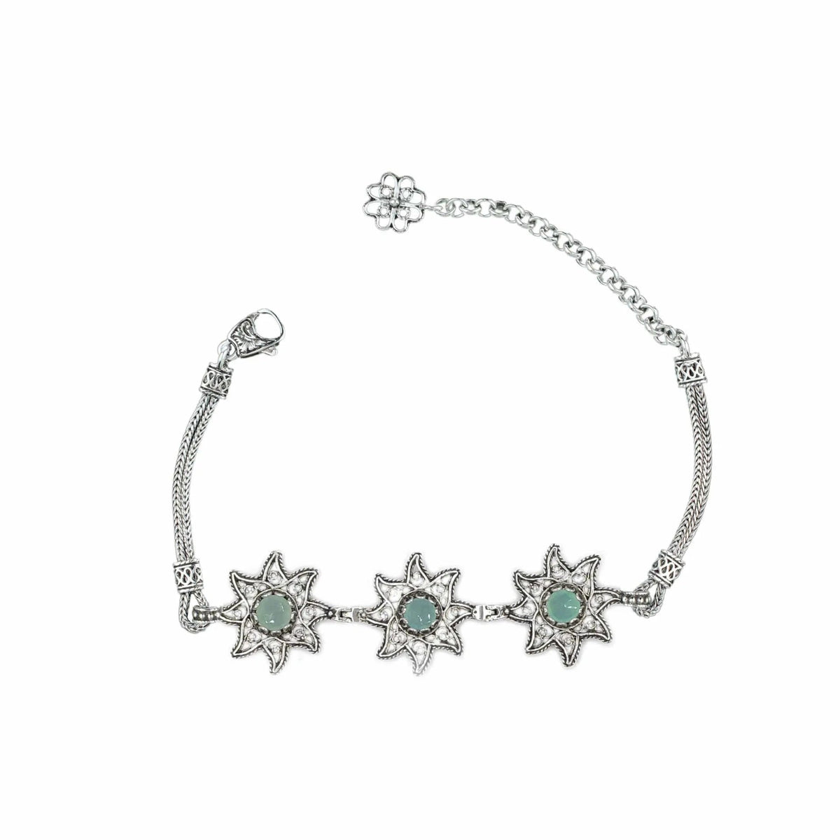 Filigree Art Aqua Chalcedony Gemstone Star Figured Women Silver Link Bracelet - Drakoi Marketplace