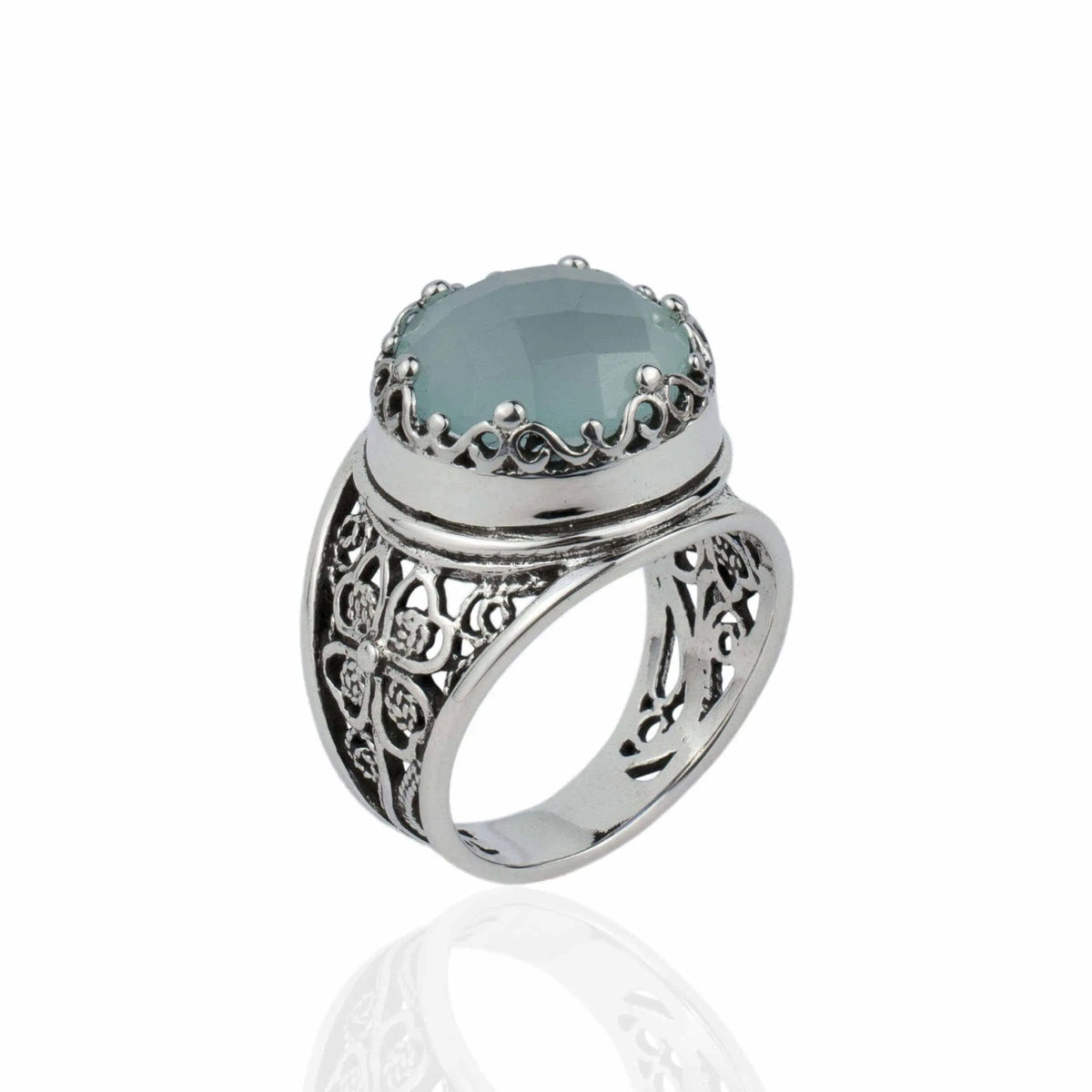 Filigree Art Aqua Chalcedony Gemstone Women Crown Silver Statement Ring - Drakoi Marketplace