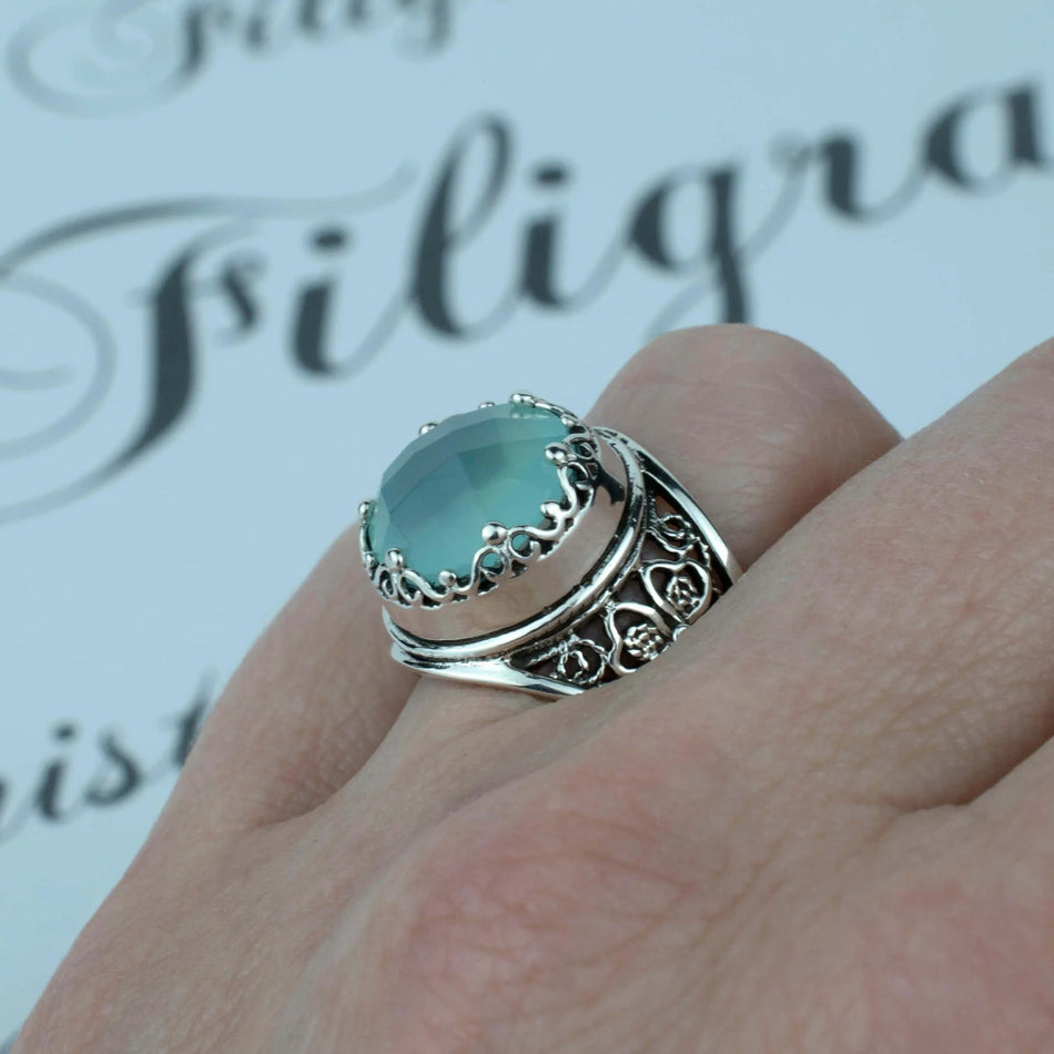 Filigree Art Aqua Chalcedony Gemstone Women Crown Silver Statement Ring - Drakoi Marketplace