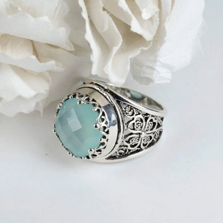 Filigree Art Aqua Chalcedony Gemstone Women Crown Silver Statement Ring - Drakoi Marketplace