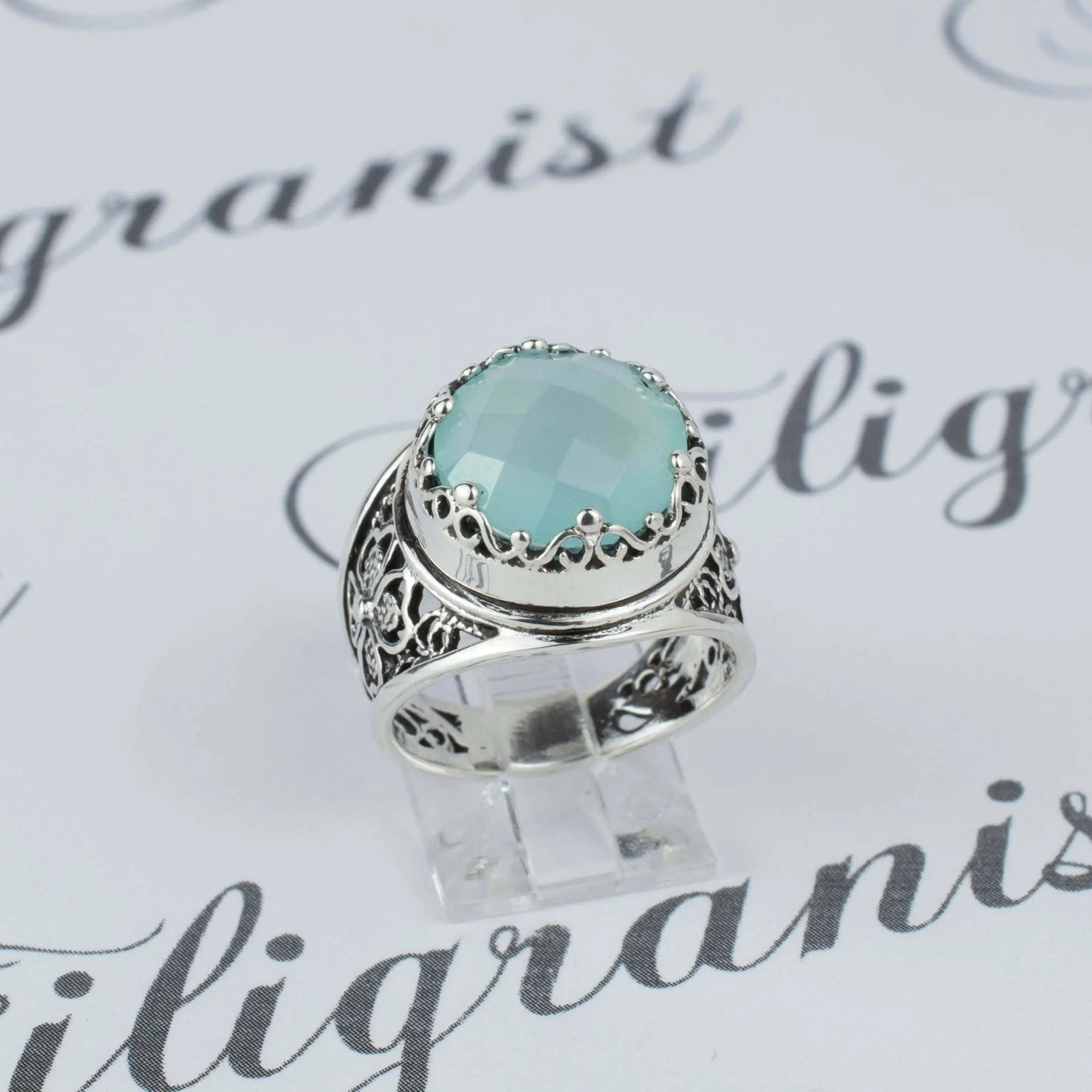 Filigree Art Aqua Chalcedony Gemstone Women Crown Silver Statement Ring - Drakoi Marketplace