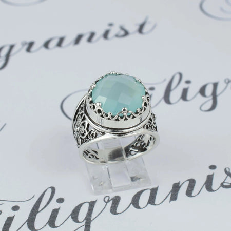 Filigree Art Aqua Chalcedony Gemstone Women Crown Silver Statement Ring - Drakoi Marketplace