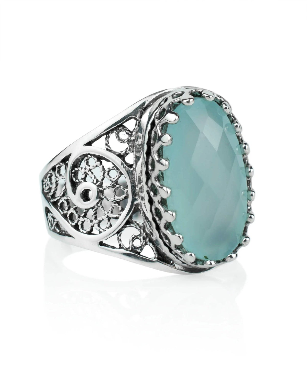 Filigree Art Aqua Chalcedony Gemstone Women Oval Silver Cocktail Ring - Drakoi Marketplace