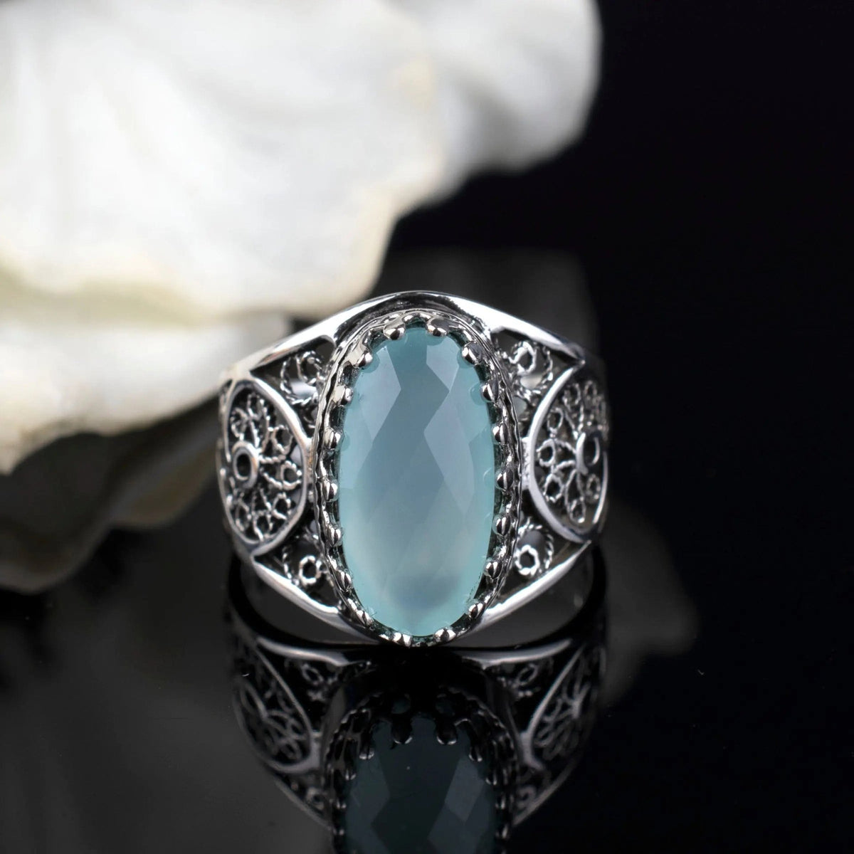 Filigree Art Aqua Chalcedony Gemstone Women Oval Silver Cocktail Ring - Drakoi Marketplace