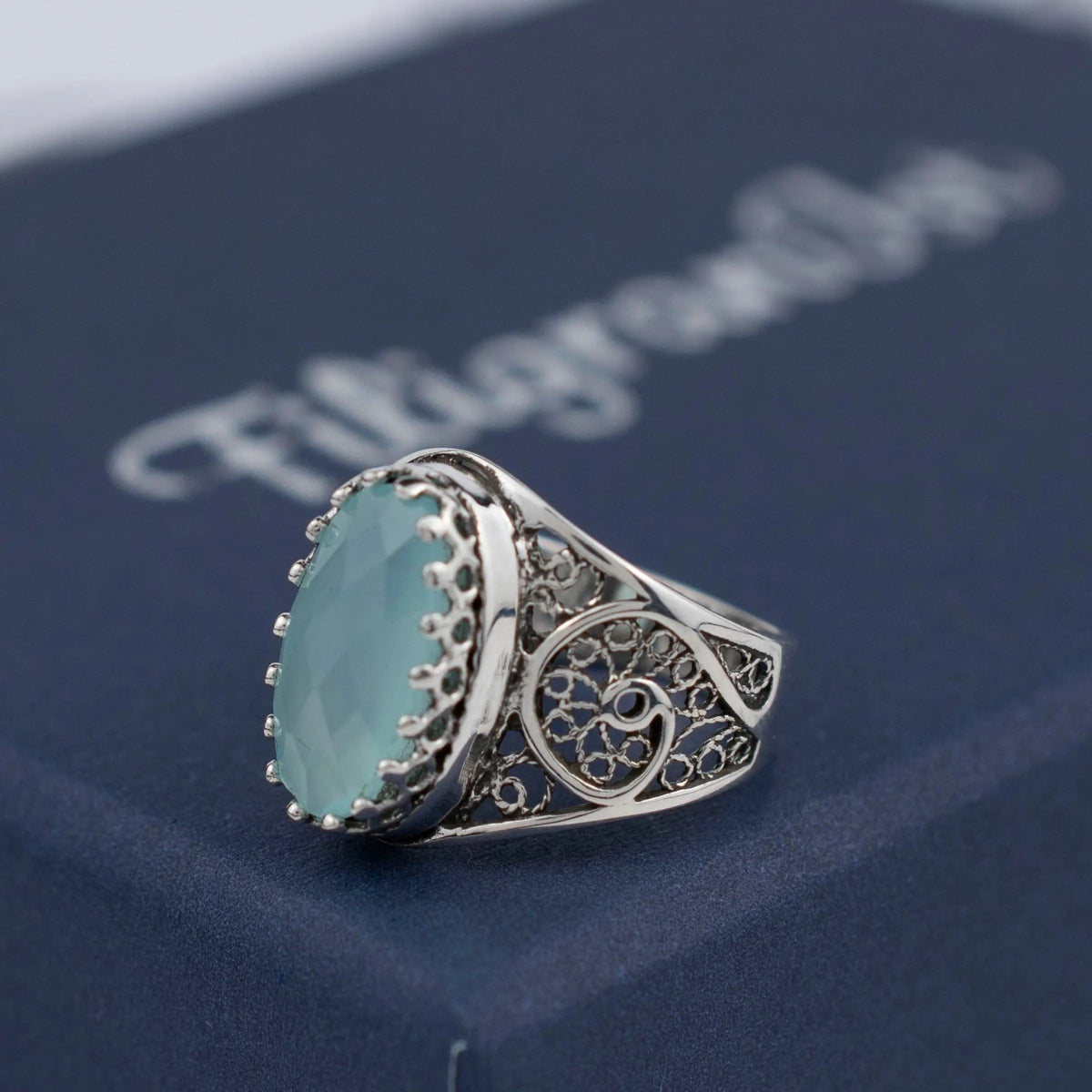 Filigree Art Aqua Chalcedony Gemstone Women Oval Silver Cocktail Ring - Drakoi Marketplace