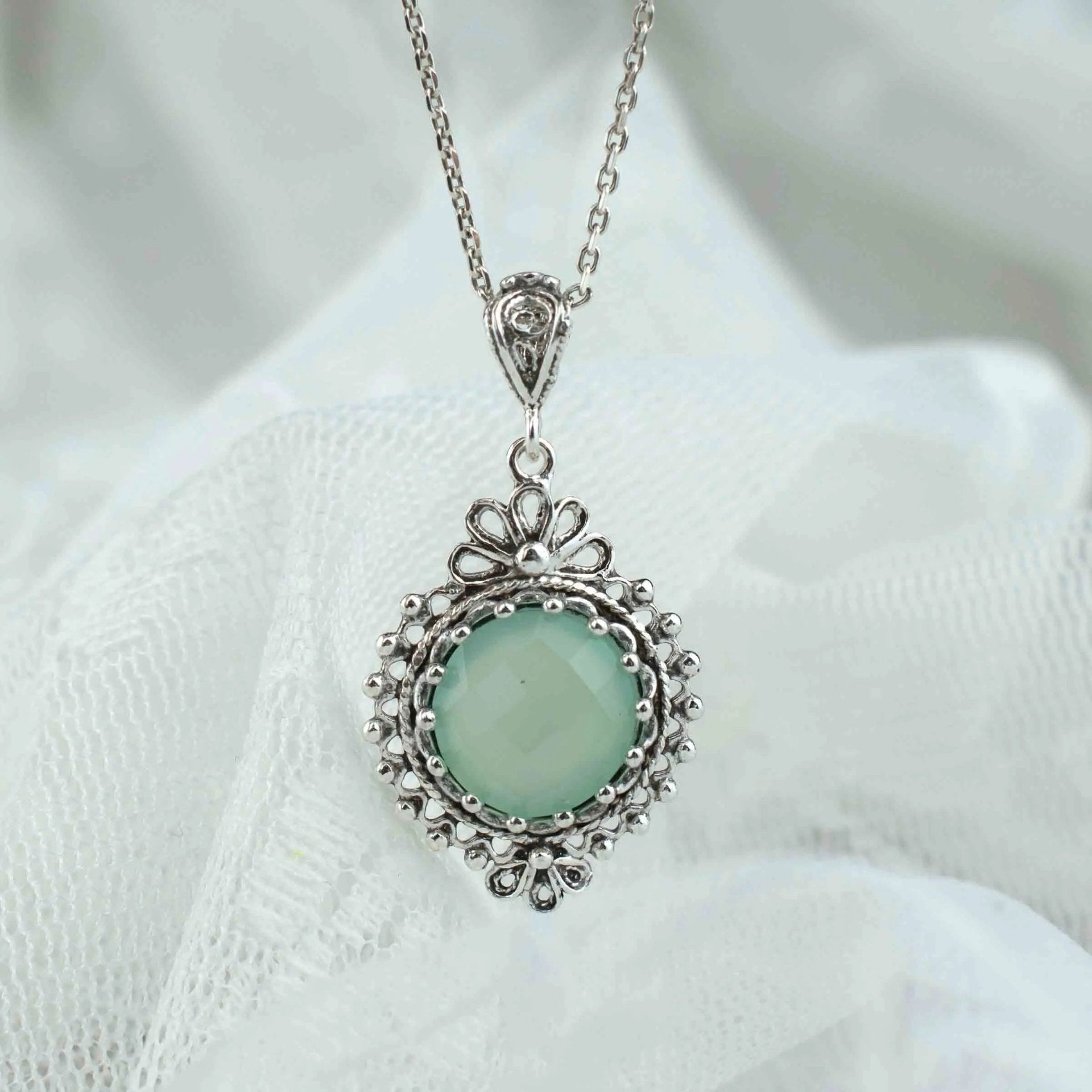 Filigree Art Aqua Chalcedony Gemstone Women Silver Boho Pendant Necklace - Drakoi Marketplace