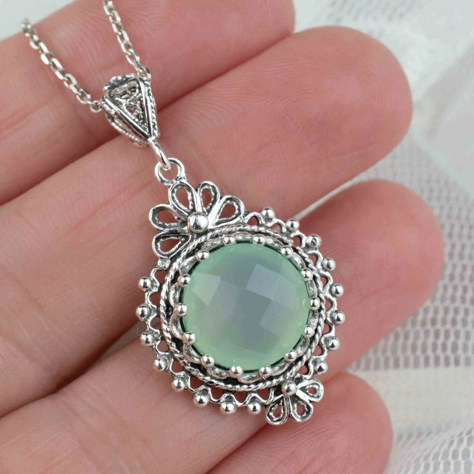 Filigree Art Aqua Chalcedony Gemstone Women Silver Boho Pendant Necklace - Drakoi Marketplace