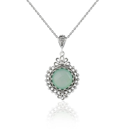 Filigree Art Aqua Chalcedony Gemstone Women Silver Boho Pendant Necklace - Drakoi Marketplace