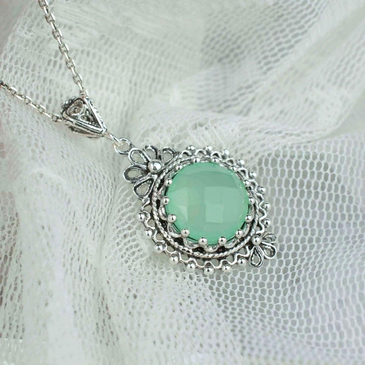 Filigree Art Aqua Chalcedony Gemstone Women Silver Boho Pendant Necklace - Drakoi Marketplace