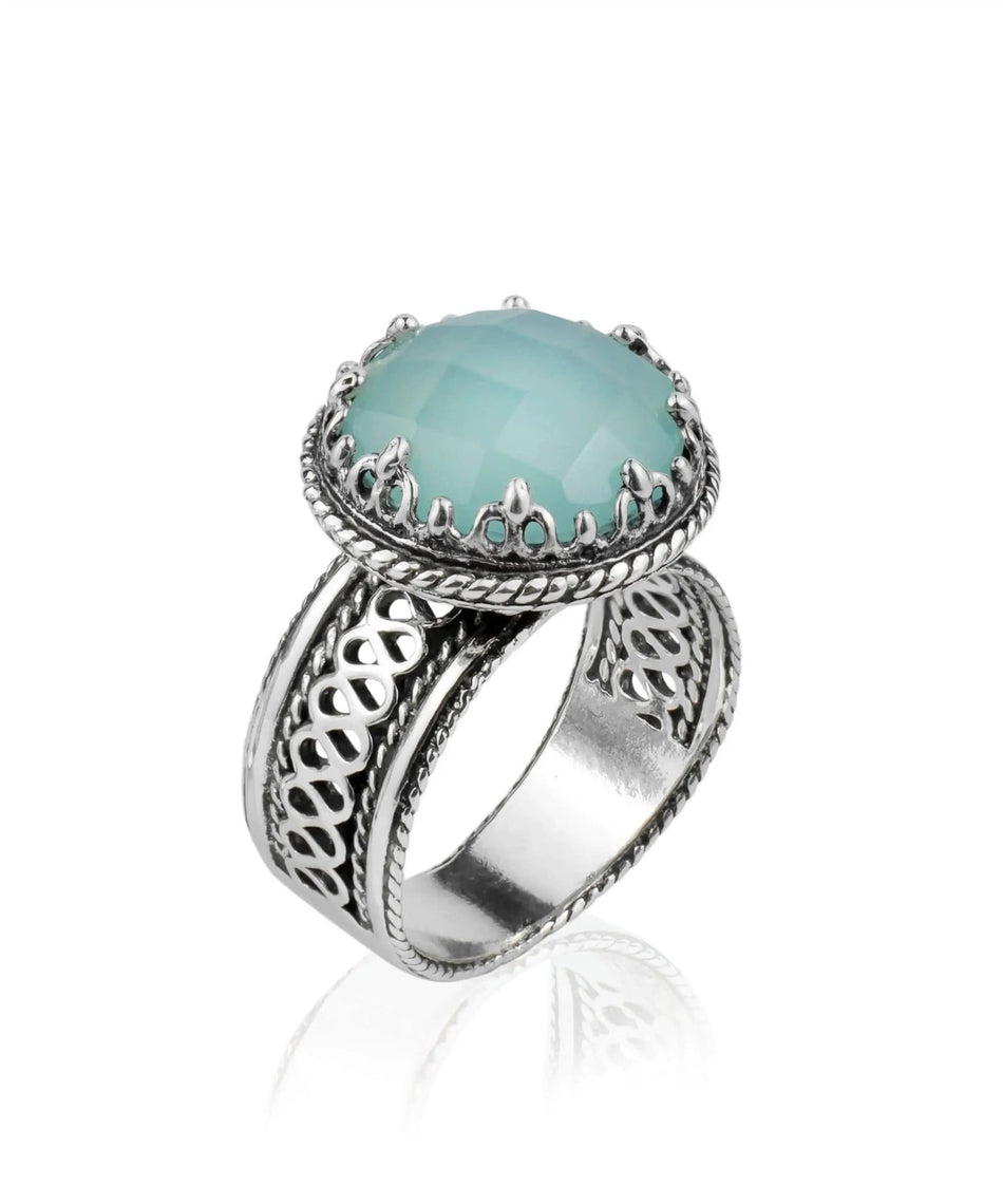 Filigree Art Aqua Chalcedony Gemstone Women Silver Cocktail Ring - Drakoi Marketplace