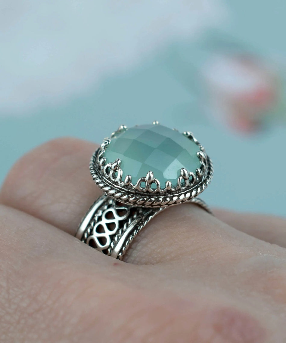 Filigree Art Aqua Chalcedony Gemstone Women Silver Cocktail Ring - Drakoi Marketplace