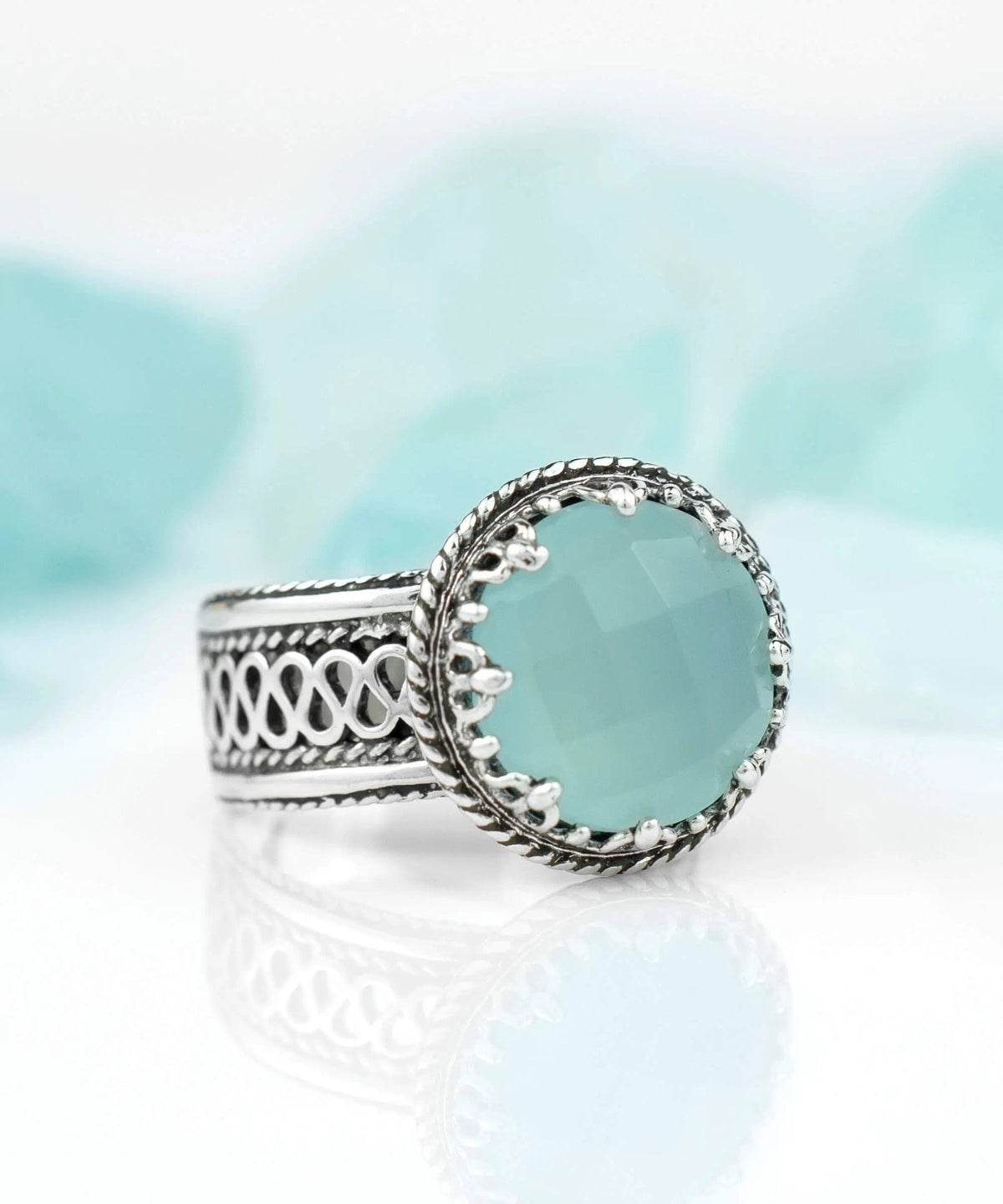 Filigree Art Aqua Chalcedony Gemstone Women Silver Cocktail Ring - Drakoi Marketplace