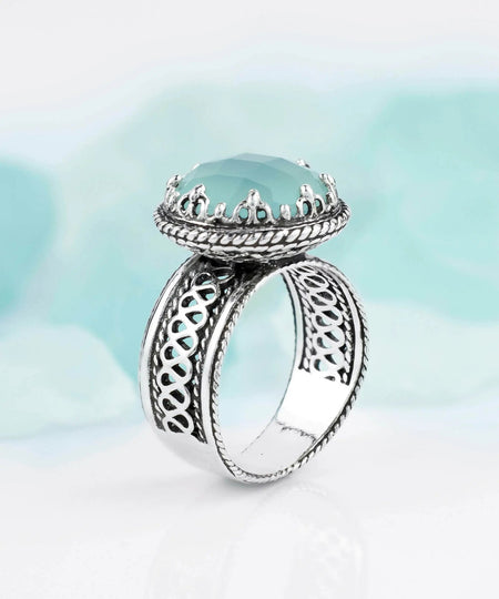 Filigree Art Aqua Chalcedony Gemstone Women Silver Cocktail Ring - Drakoi Marketplace