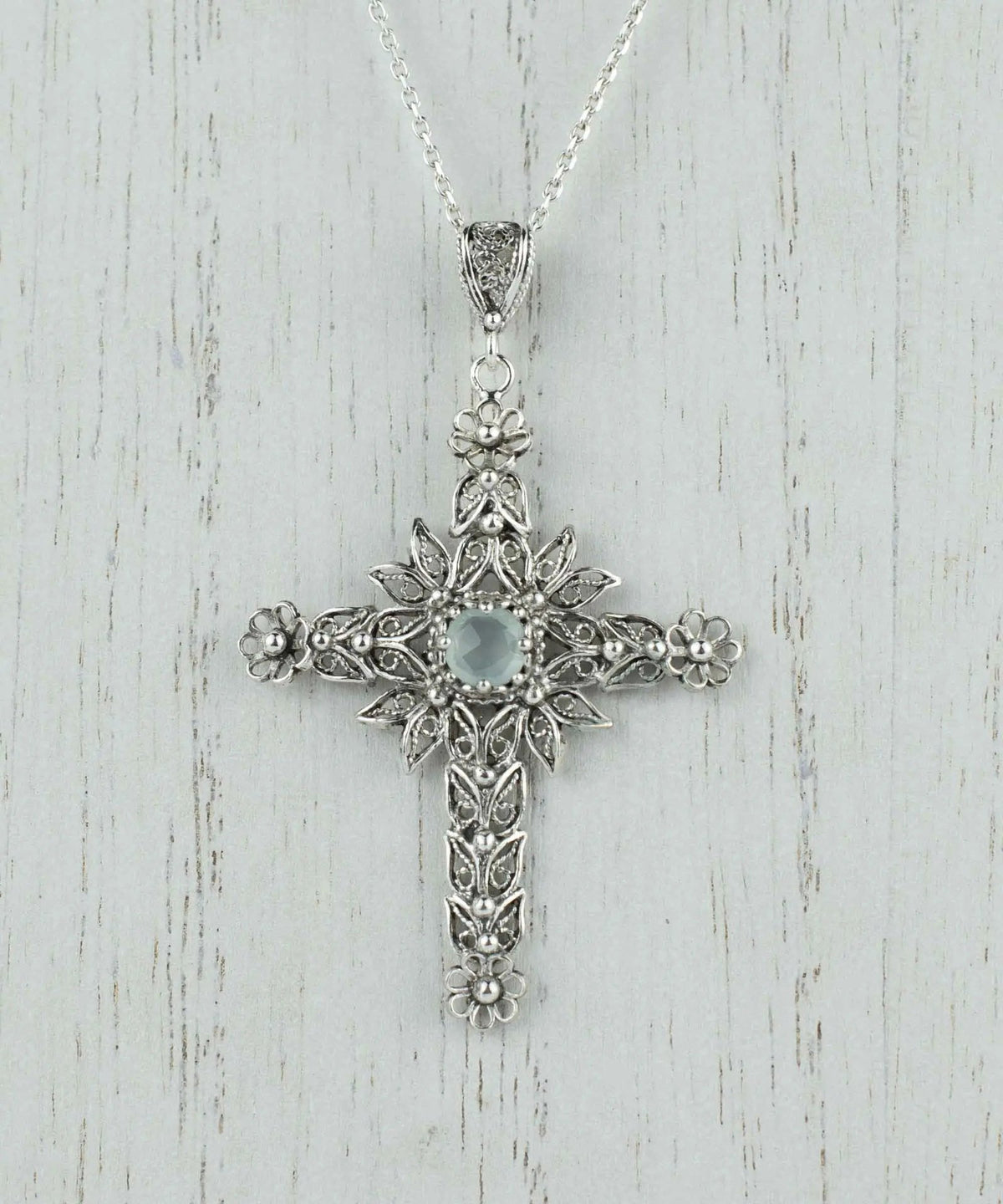 Filigree Art Aqua Chalcedony Gemstone Women Silver Cross Pendant Necklace - Drakoi Marketplace