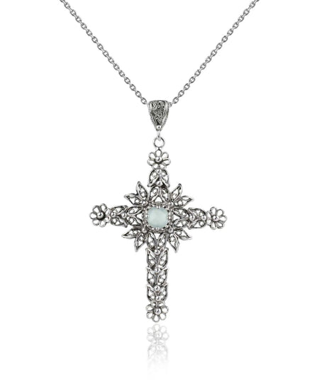 Filigree Art Aqua Chalcedony Gemstone Women Silver Cross Pendant Necklace - Drakoi Marketplace