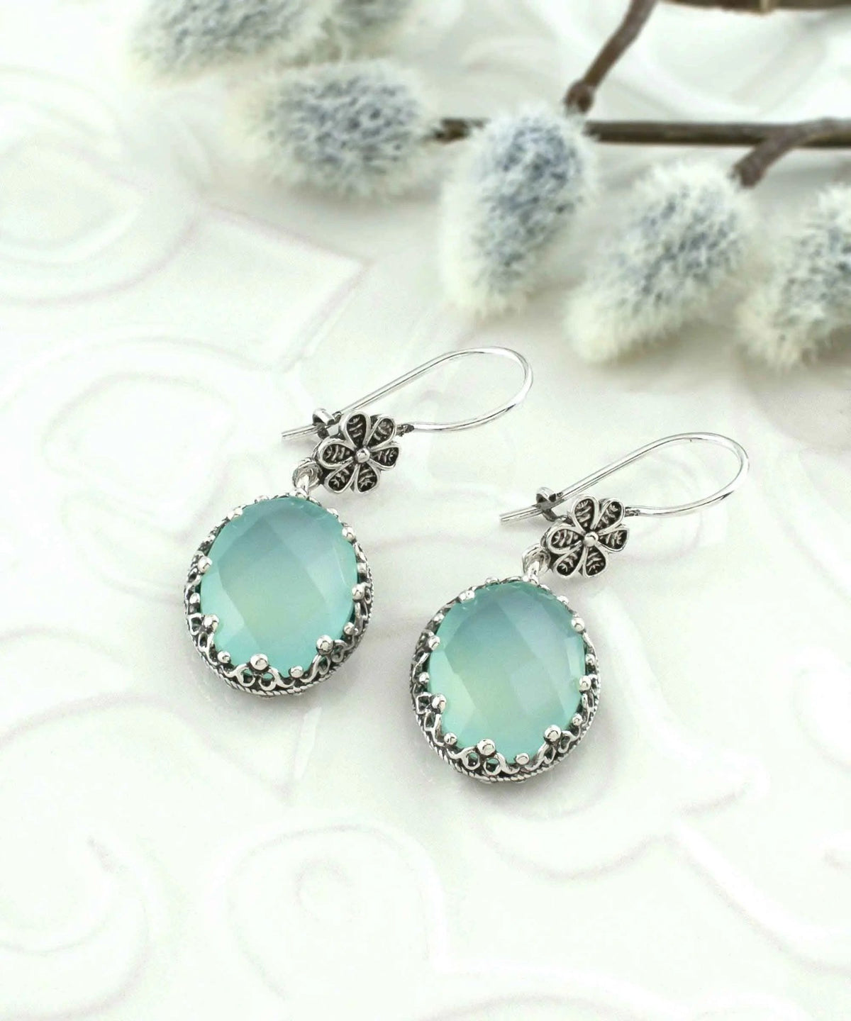 Filigree Art Aqua Chalcedony Gemstone Women Silver Oval Dangle Earrings - Drakoi Marketplace