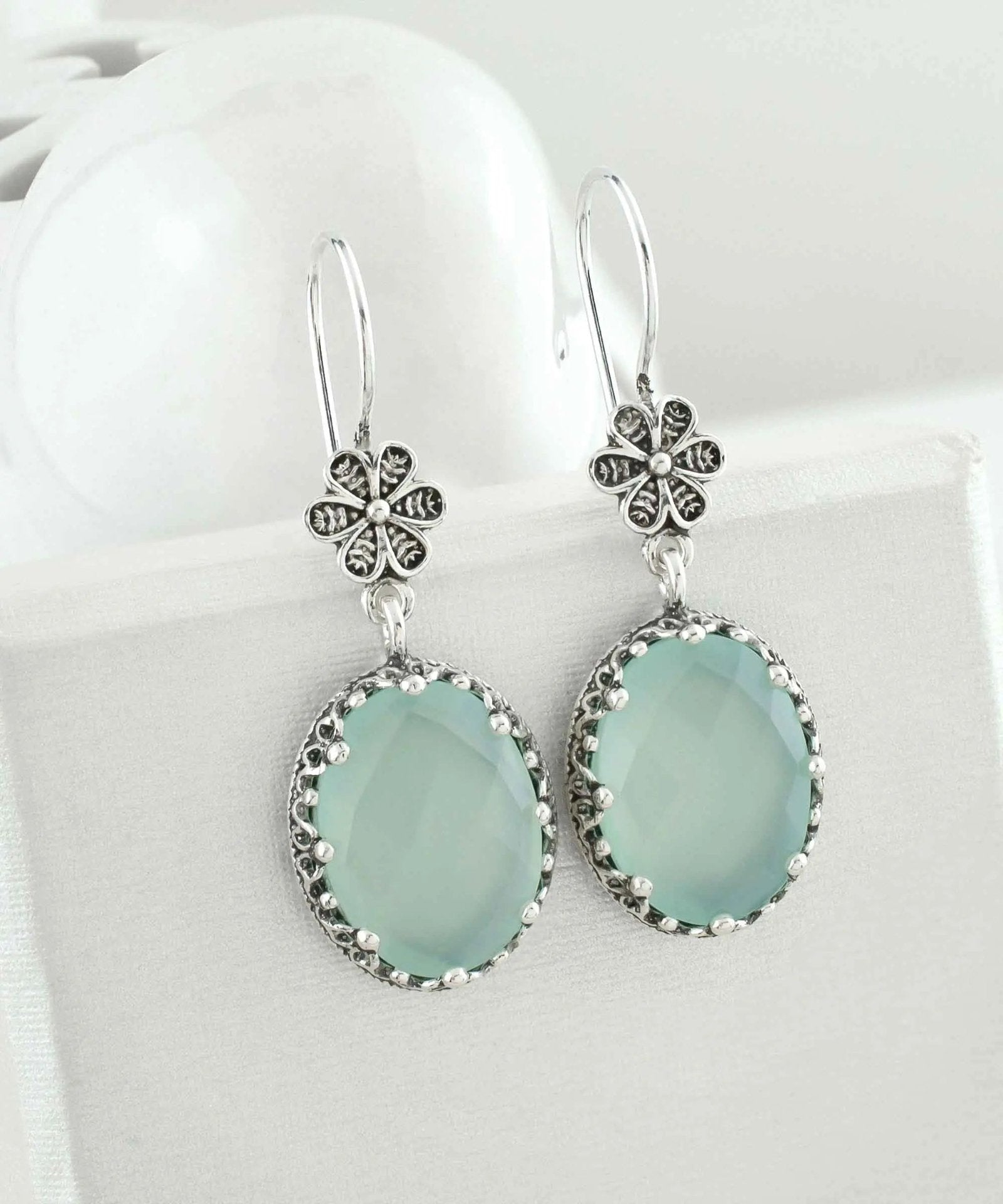 Filigree Art Aqua Chalcedony Gemstone Women Silver Oval Dangle Earrings - Drakoi Marketplace