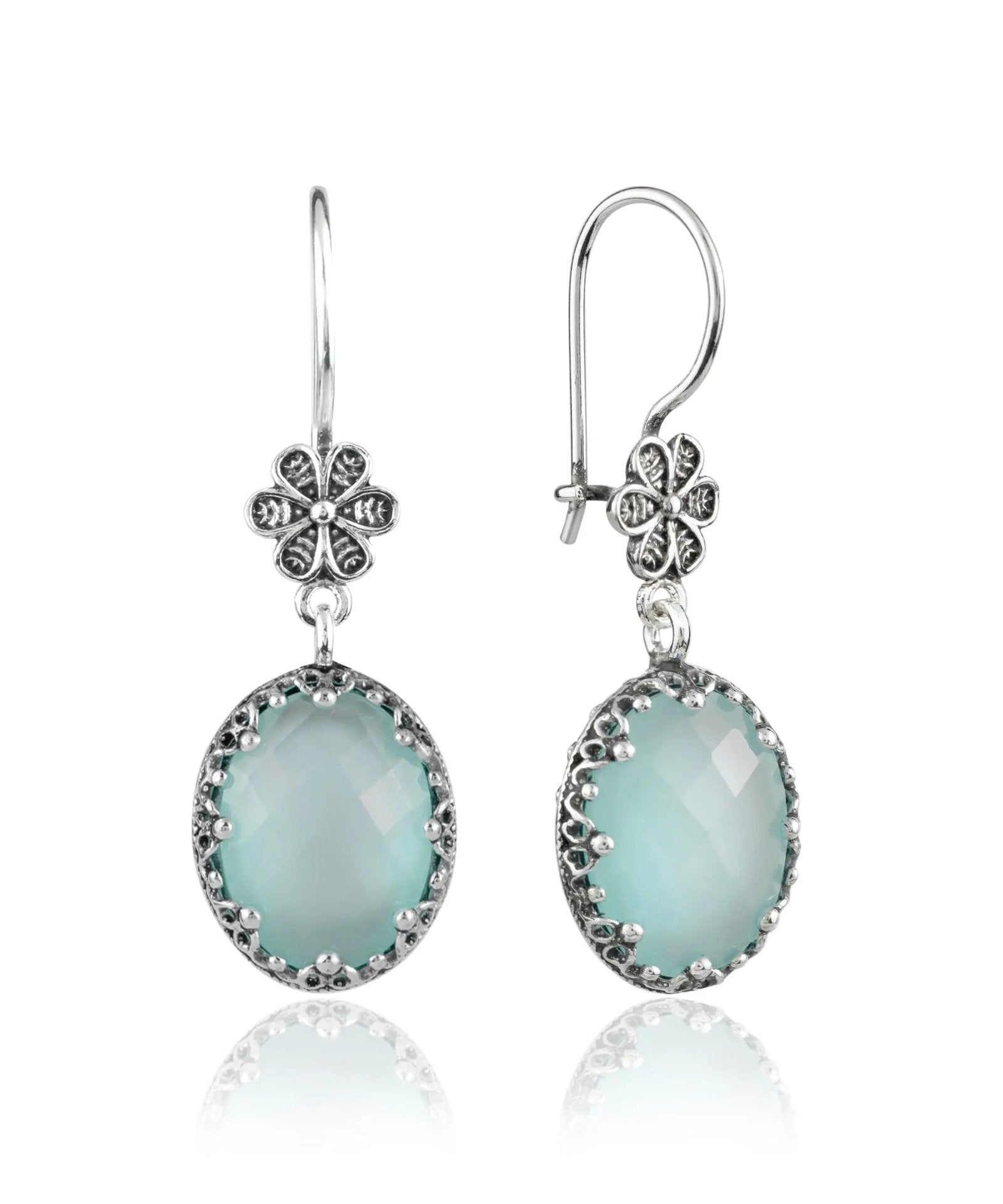 Filigree Art Aqua Chalcedony Gemstone Women Silver Oval Dangle Earrings - Drakoi Marketplace