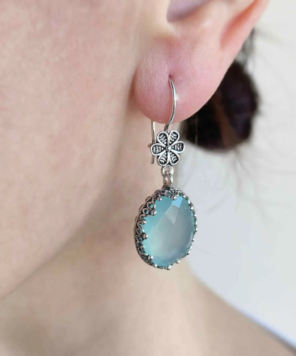 Filigree Art Aqua Chalcedony Gemstone Women Silver Oval Dangle Earrings - Drakoi Marketplace