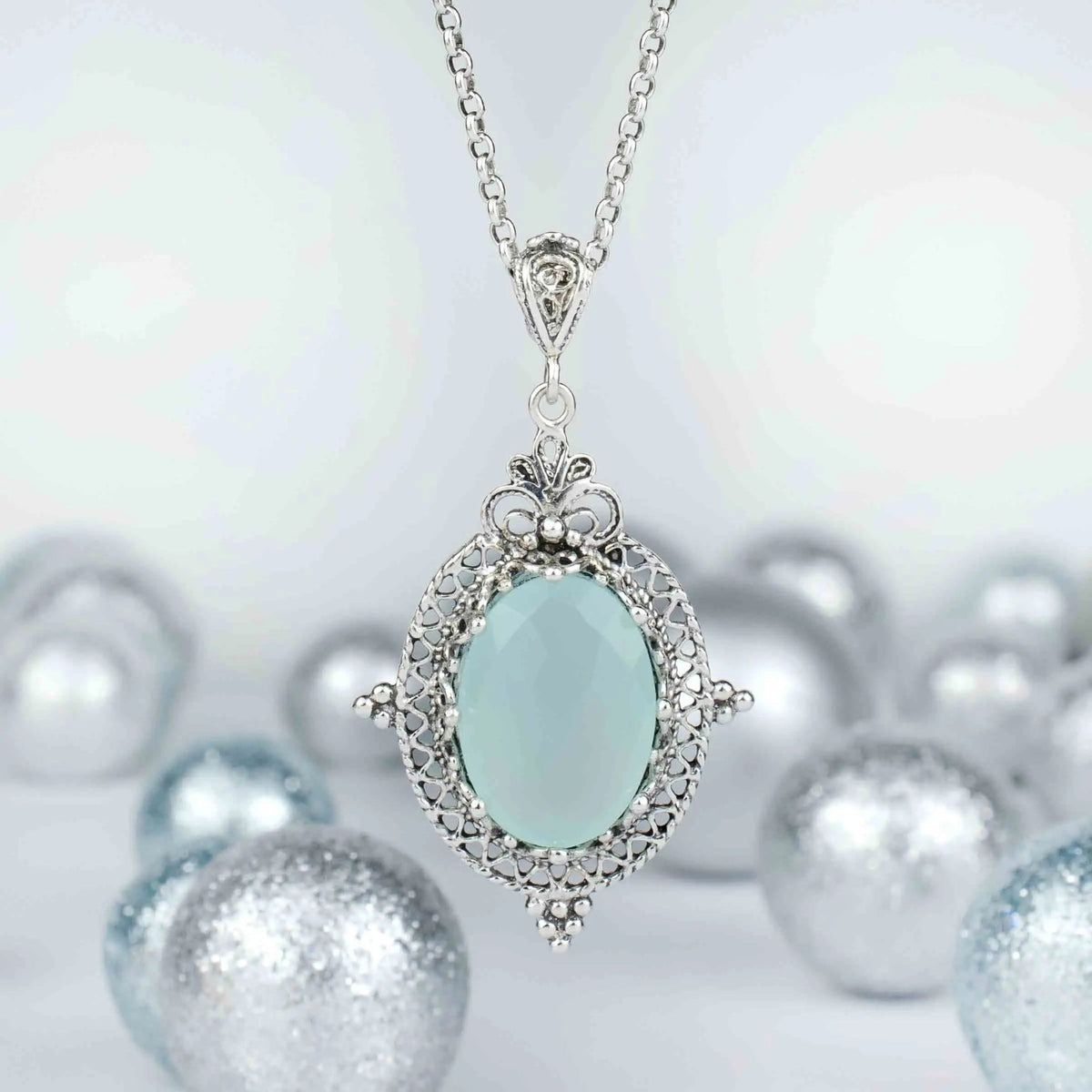 Filigree Art Aqua Chalcedony Gemstone Women Silver Oval Pendant Necklace - Drakoi Marketplace