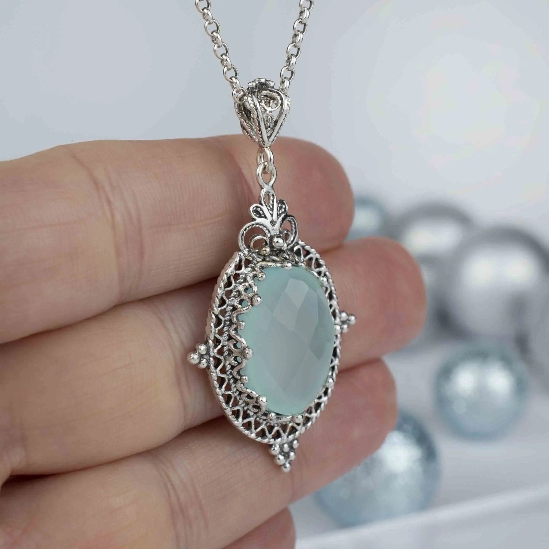 Filigree Art Aqua Chalcedony Gemstone Women Silver Oval Pendant Necklace - Drakoi Marketplace