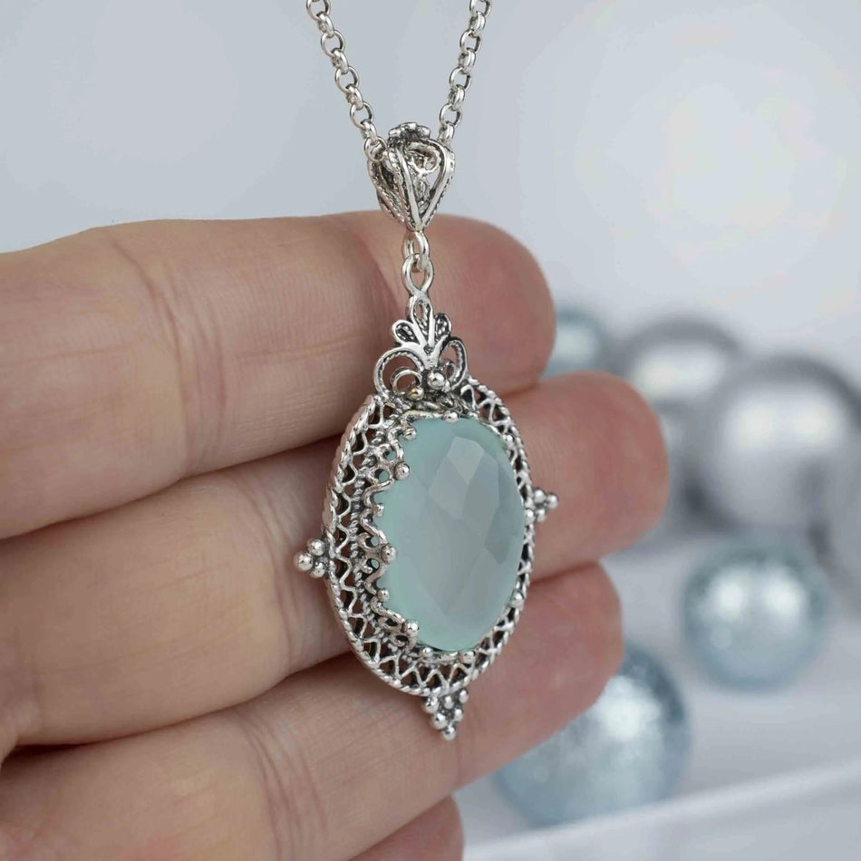 Filigree Art Aqua Chalcedony Gemstone Women Silver Oval Pendant Necklace - Drakoi Marketplace