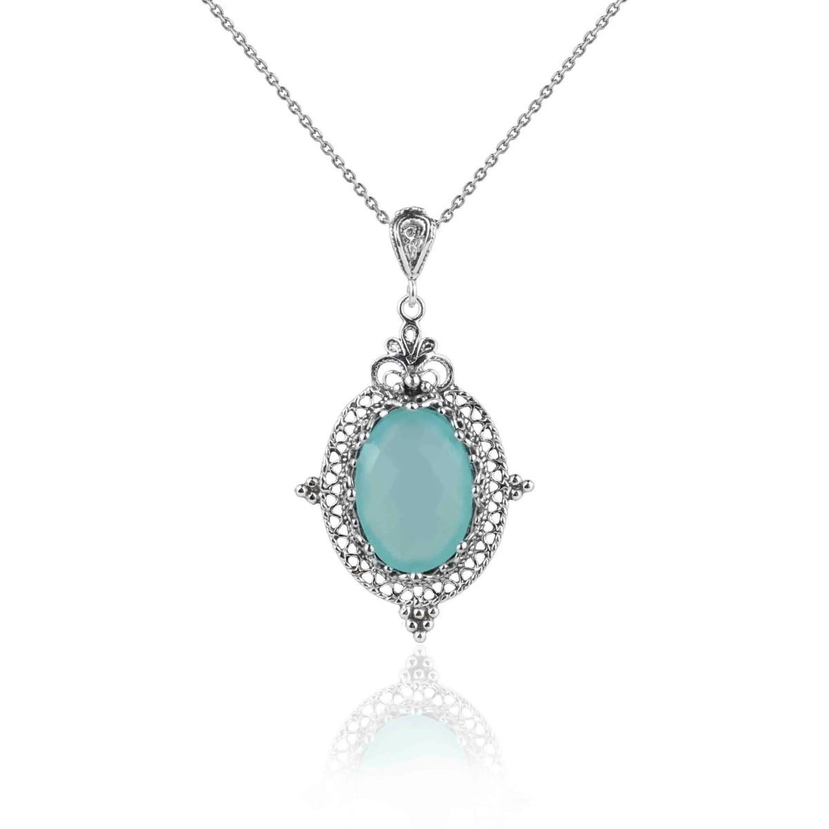 Filigree Art Aqua Chalcedony Gemstone Women Silver Oval Pendant Necklace - Drakoi Marketplace