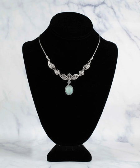 Filigree Art Aqua Chalcedony Gemstone Women Silver Princess Necklace - Drakoi Marketplace