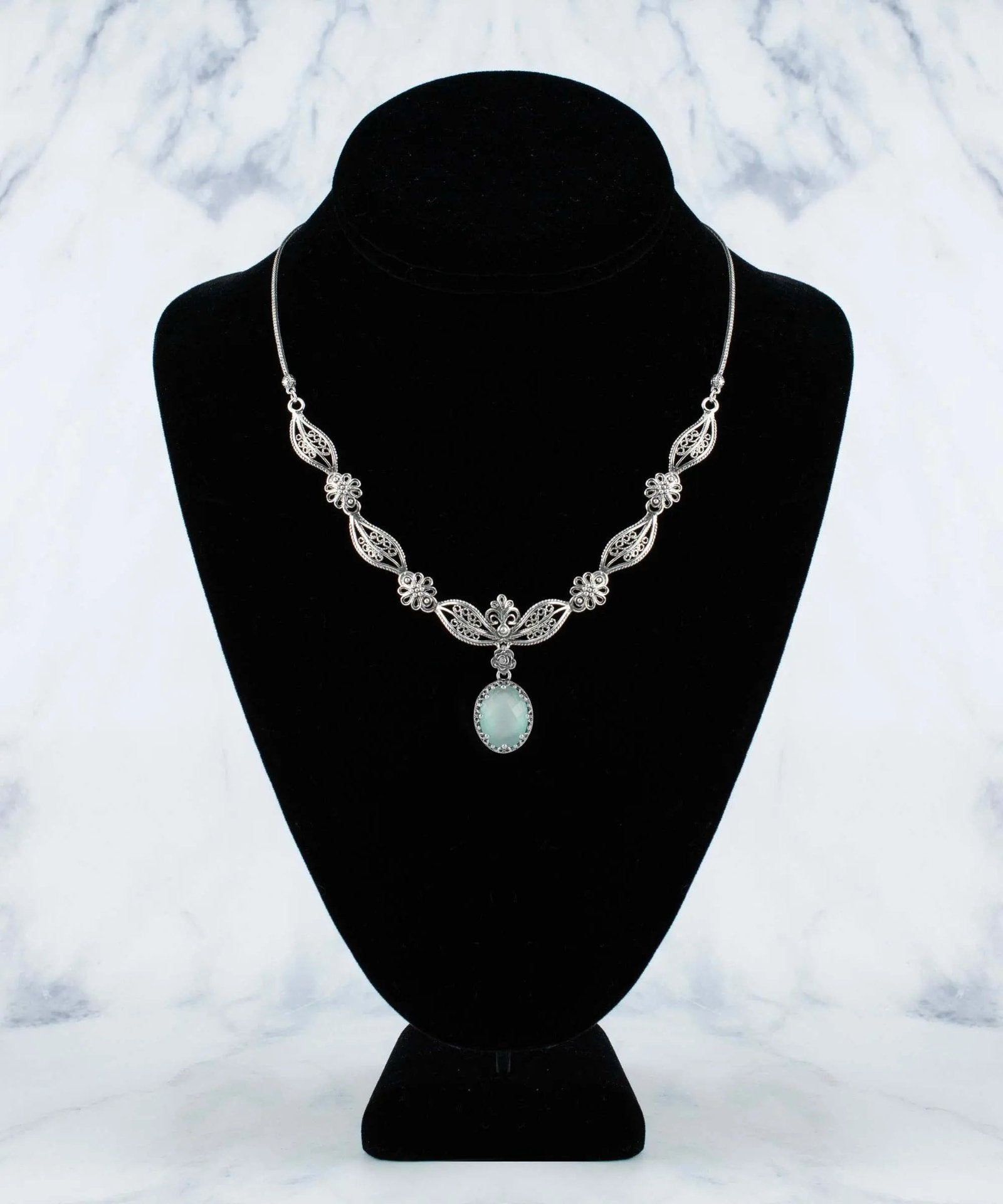 Filigree Art Aqua Chalcedony Gemstone Women Silver Princess Necklace - Drakoi Marketplace